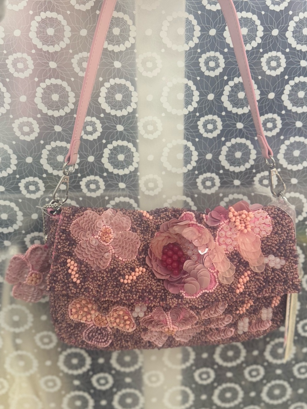 Pink Floral Beaded Shoulder Bag